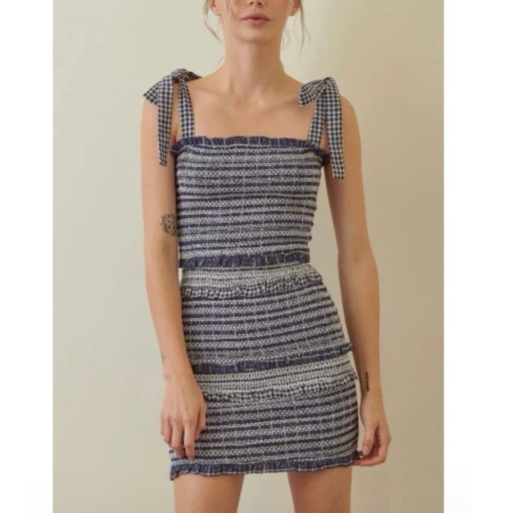 Storia Blue & White Plaid Smocked Mini Summer Sundress Dress Womens M Tie Straps